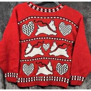 Girls Large 10–12 Red Knit Scottie DogSweater & Heart Pattern Cozy Winter VTG